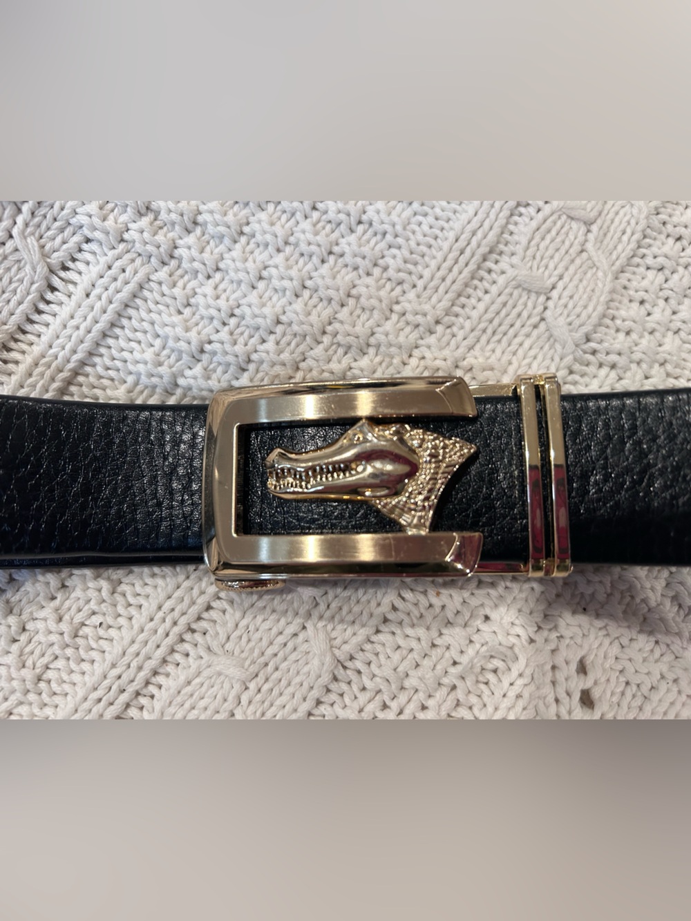 Mens 50 inch length Black Leather Belt with Gold Crocodile Adjustable Buckle